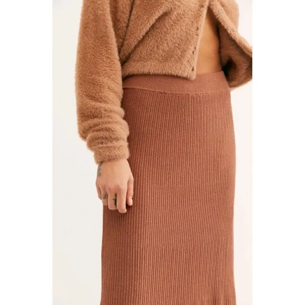 NEW FREE PEOPLE Sz S SHINE BRIGHT RIBBED MAXI SWEATER SKIRT COCOA HEATHER BROWN